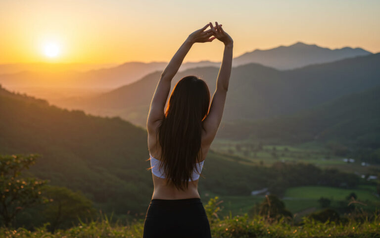 Persona estirándose al amanecer