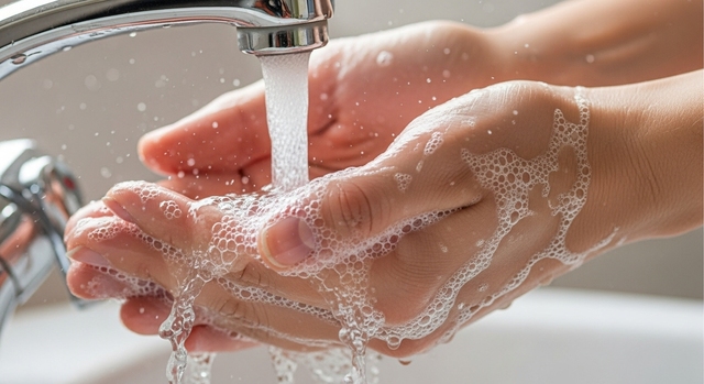 Manos bajo el grifo con agua y jabón