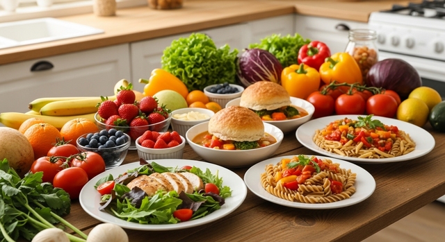 Mesa con frutas, verduras y platos caseros saludables
