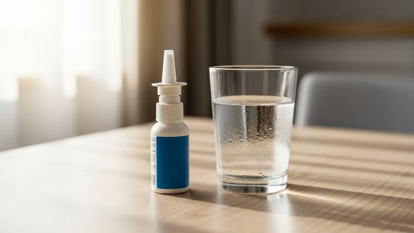 Un frasco de spray nasal y un vaso de agua