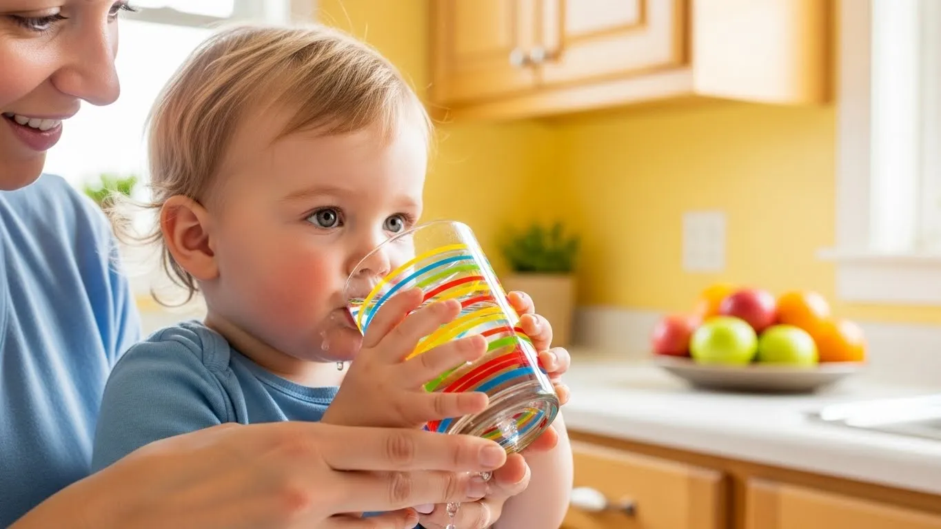 Un niño pequeño bebiendo agua de un vaso