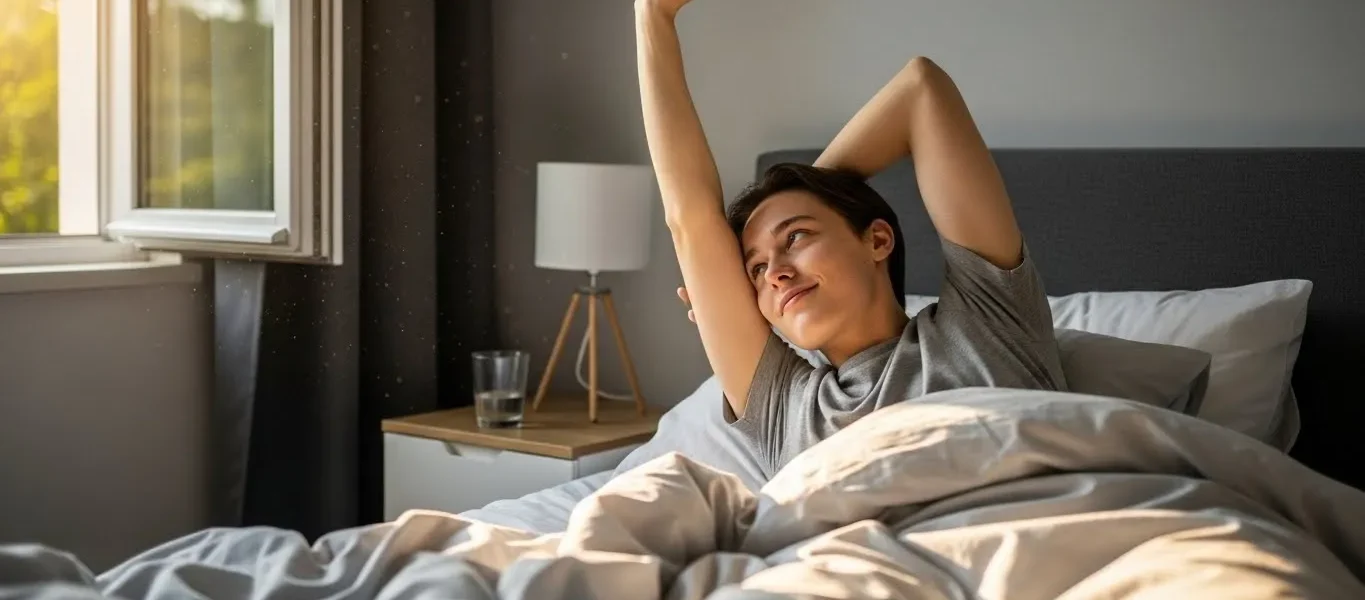 Una persona joven, despertando y estirándose