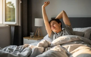 Una persona joven, despertando y estirándose