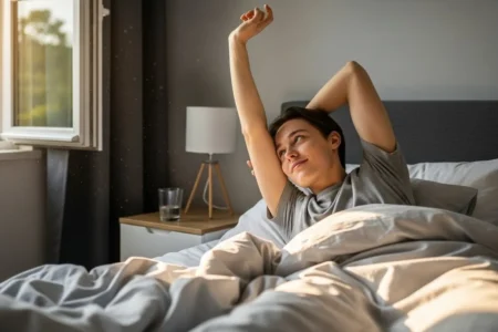 Una persona joven, despertando y estirándose